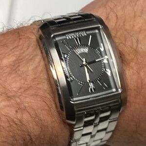 Kenneth Cole Reaction tank watch, stainless, black dial, new battery
